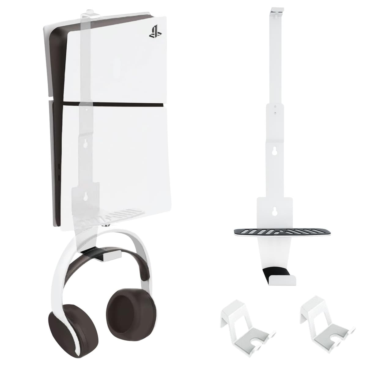 PS5 Wall Mount, Heavy-Duty Steel Mount Kit for Protection & Cooling with 2 Controller Holder and Headset Holder,Compatible with All PS5 Models Including Slim, Pro, Original. (White)