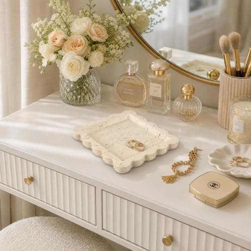 Decorative Scalloped Tray - Beautiful Travertine Stone Inspired 8"x8" Vanity Tray for Jewelry, Perfume and Trinkets - The Perfect Resin Decor Accent for Any Bathroom, Nightstand & Marble Coffee Table