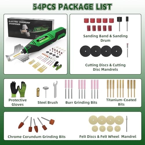 Electric Chainsaw Sharpener Kit, Multi-Purpose Rotary Tool Kit - Chain Saw Sharpener Tool with 54PCS Accessories Angle Attachment Sharpening Wheel Bits for All Chainsaw Chains & DIY Crafts — view 2