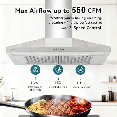30 Inch(758mm) Wall Mount Range Hood, 550 CFM Stainless Steel Chimney Vent Hood, Ducted/Ductless Convertible, 3-Speed Push Button Control, Dishwasher-Safe Filters, LED Strip Light