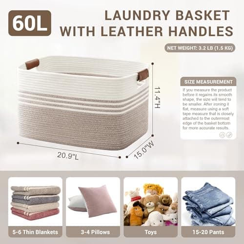SunNewt 60L Large Laundry Basket with Leather Handles for Living Room Storage, Woven Rope Baskets Bin for Blanket, Gifts, Wicker Hamper for Bedroom Dirty Clothes, 21"x15"x11" White Brown