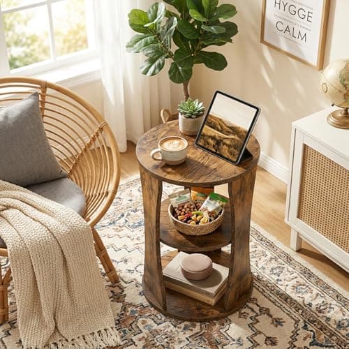 YATINEY Round Side Table, 3-Tier Small End Table with Storage Shelves, Wooden Accent Table for Living Room, Bedroom, Rustic Brown ET15BR