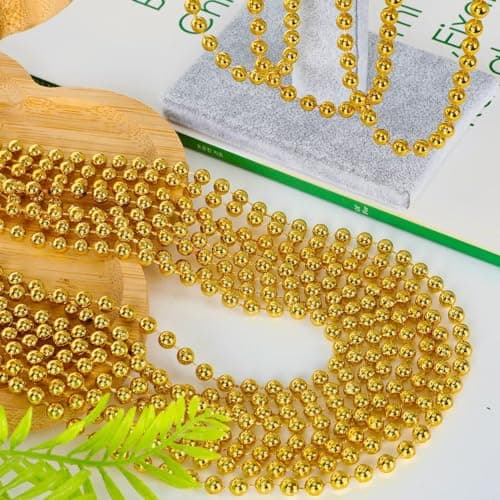 Gold Bead Necklace, 24PCS Christmas Bead Necklaces Stuff, 33" Mardi Gras Xmas Beaded Necklace Costume, Festival Parade Throw Accessories for Wedding Birthday Pirate Party Baby Shower Supplies Decor — view 2