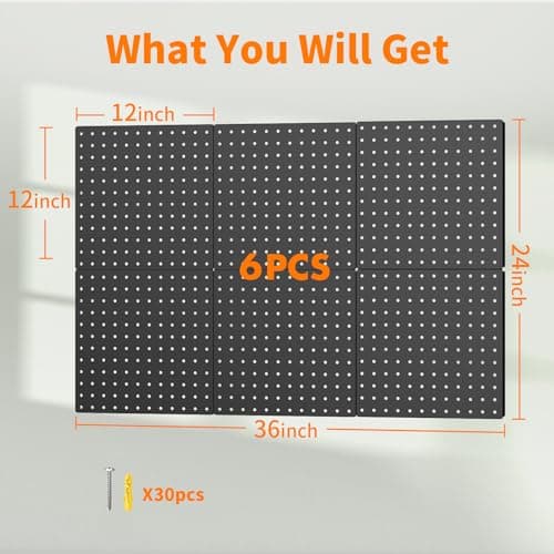 FZK Peg Board, 6PCS Metal Pegboard, 30cm*30cm, Heavy Duty Pegboard Wall Organizer with Frame. Black Pegboard for Wall, Garage, Workbench, Craft Room, Tool Organization
