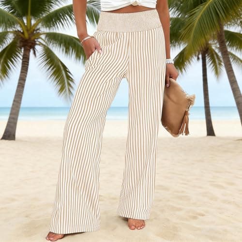 Women's Casual Wide Leg Striped Pants High Elastic Waist Loose Fit Clothing Fashion Palazzo Pants with Pockets S-3XL Khaki