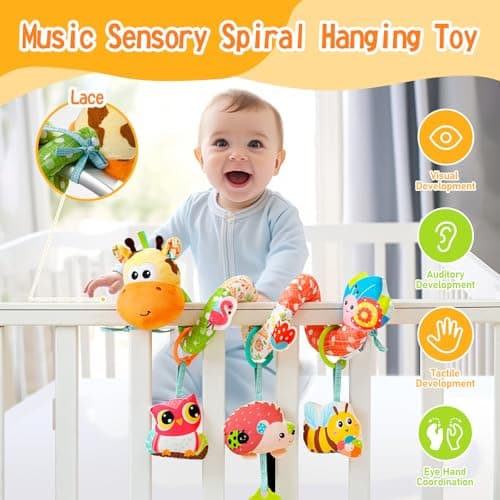 Jollybaby Crib Stroller Car Seat Toys for Baby 0-3-6-9-12 Months, Tummy Time Hanging Sensory Toys for Newborn with Music Box and Teether, Spiral Carseat Toy for Infant Boys Girls Gifts (Yellow)