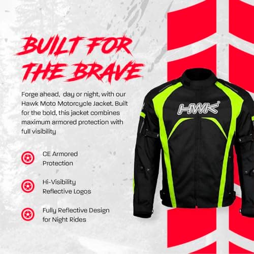 HWK Motorcycle Jacket for Men & Women, Waterproof, High Visibility Rain Jacket with CE Armor, Adjustable, Durable Polyester Motorcycle Riding Jacket, Dirt Bike Gear Enduro Racing, Hi-Vis Green, S