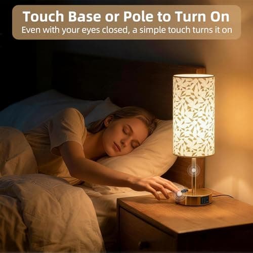 Fitfull Table Lamp for Nightstand, High-Sensitivity Touch, 3-Level Dimmable Bedside Lamp with AC Outlet | USB | and USB-C, Ideal Night Stand Lamp for Bedroom, Reading, Living Room(Triangle&Gold) — view 3