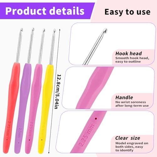Iuuidu 4PCS Crochet Hooks, 2.0/2.25/2.5/2.75mm Ergonomic Handle Small Crochet Hooks for Arthritic Hands, Smooth and Extra Long Crochet Needles for Beginners, Knitting Needles for Beginner Handmade DIY