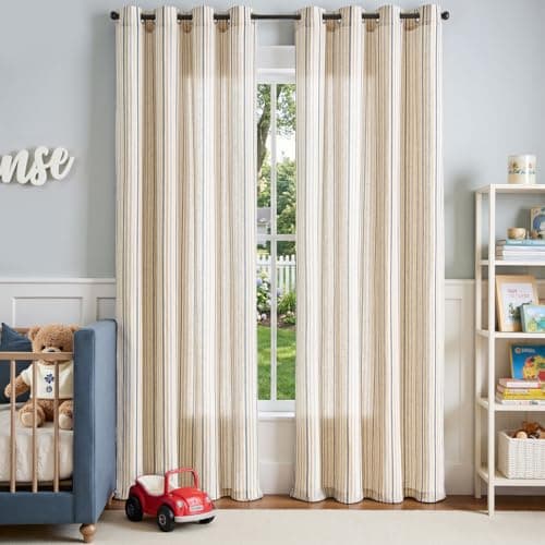 jinchan Colorful Linen Curtains for Living Room Multi Blue on Beige Striped Curtains for Bedroom Ticking Stripe Farmhouse Light Filtering Pinstripe Window Treatment 2 Panels 84 inches Long