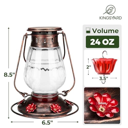 Kingsyard Glass Hummingbird Feeder for Outdoors Hanging - Vintage Lantern Style Leak-Proof Humming Bird Nectar Feeder with 6 Feeding Ports & Ant Moat for Outdoor Garden Decor, 24 Ounce, Blue