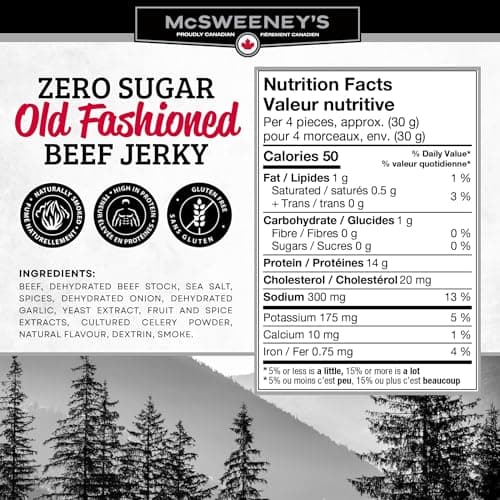 McSweeney's ZERO sugar Old Fashioned Beef Jerky.100% Made In Canada Sugar Free Snacks, School Snacks, Gluten Free, High Protein Snacks, Keto Friendly, Low Fat, Naturally Smoked, 70g (Pack of 12)
