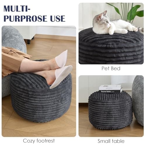 Stuffed Round Ottoman,Corduroy Pouf Ottoman Foot Rest,18 X 14 in,Dark Grey — view 5