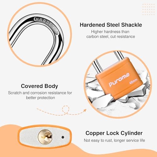 Puroma Keyed Padlock with 2 Keys Alike, 7/8 Inch Locker Lock 40mm Heavy-Duty Locks for School Gym Locker Gate Fence Hasp Cabinet Toolbox (Orange) — view 5