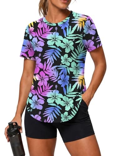 LOMON Loose Workout Tops for Womens Short Sleeve Athletic Shirts Quick Dry Moisture Wicking UV Sun Protection Hiking Gym Tees Floral Print 1, Medium — view 4