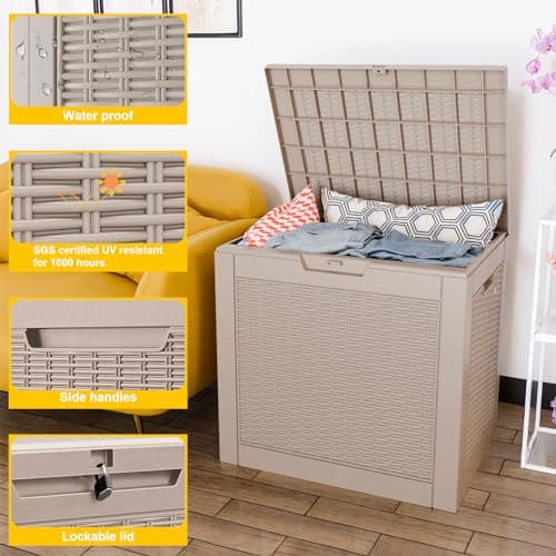 GGYI 31 Gallon Outdoor Storage Box, Waterproof Resin Deck Box with Lockable Lid for Patio Furniture, Pool Accessories, Garden Tools (Brown)