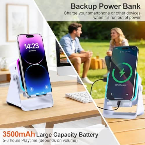 BOLONMI Wireless Bluetooth Induction Speaker, Phone Speaker Amplifier with Colorful Lights & 3500mAh Battery, Portable Phone Stand Compatible with iPhone/iPad/Android/Samsung - White — view 2