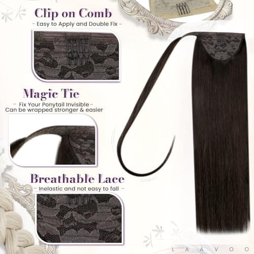 LaaVoo Ponytail Extension Human Hair Brown Pony Tails Hair Extensions Natural Brown Human Hair Ponytail Extensions Short Straight 12 Inch 70g