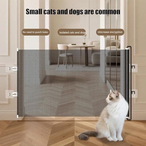 Retractable Pet Gate for Cats Dogs, No Drilling Extendable Pet Barrier Gate, Portable Indoor Mesh Pets Gates for Stairs Doors Hallways Decks (Black)