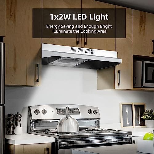 FIREGAS Range Hood 30 inch Under Cabinet, Kitchen Hood with 2 Speed Exhaust Fan,Ducted/Ductless Convertible, Rocker Button Control,300 CFM, White Stove Hood Vent Aluminum Filter Included — view 3