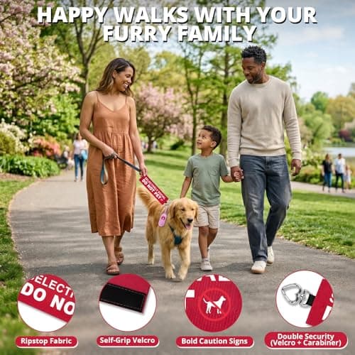 Selectively Social Dog Leash Wrap, Double-Sided Visible Dog Sleeve with Heart Carabiner, Ripstop Do Not Pet Warning Sign, Fits Standard Rope & Flat Leashes, Red — view 3