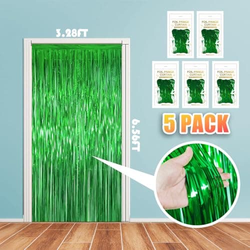5 Pack 3.28ft x 6.56ft Green Tinsel Foil Fringe Curtains, Photo Booth Backdrop Football Party Decorations for Birthday Wedding Baby Shower Graduation st Patricks Day New Years