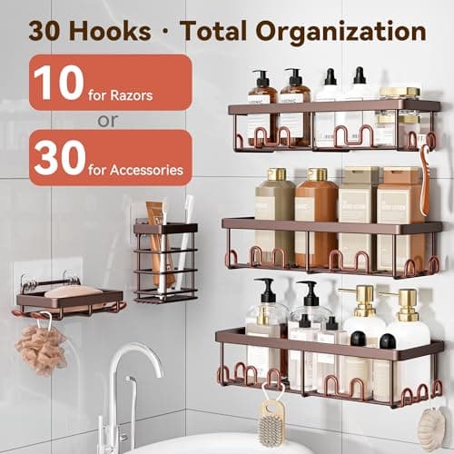 YASONIC Shower Caddy Adhesive, 100% Rustproof Shower Organizer with Soap and Toothbrush Holder, Large Capacity Shower Shelves for Inside Shower, No Drill Shower Storage for Home (5 Pack Bronze) — view 2