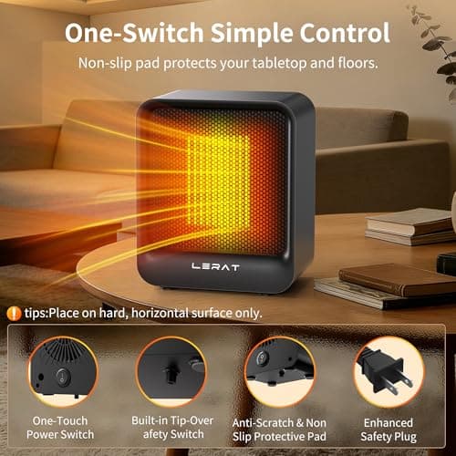 Lerat Mini Space Heater, 500W Quiet Electric Heaters for Indoor Use, Safe PTC Ceramic Desk Heater with Tip-Over & Overheat Protection, Small Portable Personal Fast Heating for Office Home Dorm Bedroom — view 5