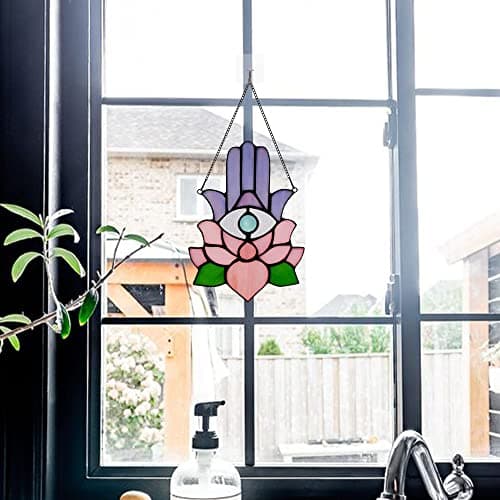 HAOSUM Hamsa Hand Decor Stained Glass Window Hangings,Lotus Flower Suncatchers for Windows Amulet Meditation Home Decor,Spiritual Gift for Women,Baptism Blessing Housewarming Gift — view 3