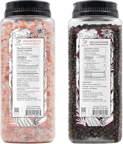 Soeos Himalayan Salt 38.8oz + Whole Black Peppercorns 18oz. Coarse Grain Pink Salt, Salt Grinder, Salt Pepper, Pepper Grinder Salt and Pepper, Salt for Salt Grinder, Non-GMO Verified, Kosher.