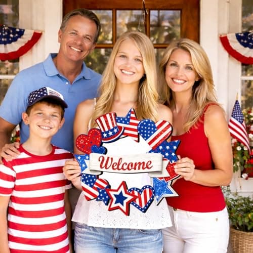 Wooden 4th of July Decorations Patriotic Wreaths for Front Door Independence Day Decorations Star Sign Welcome Memorial Day Hanging for Home Wall Decor Outdoor Indoor Red White and Blue Wreath — view 5