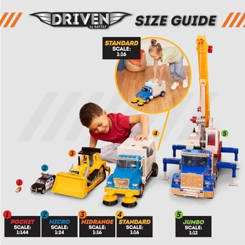 Driven by Battat – Large 18-Inch Electric Street Sweeper Kids ToysCars with Spinning Brushes & Lights – 1:16 Scale with Working Doors & Sounds – Tilting Container for 3+ Years