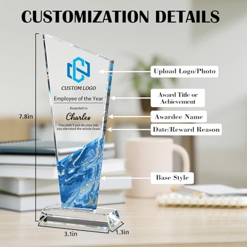 Personalized Crystal Awards and Trophies, Custom Trophy with Text Logo Photo for Farewell Retirement, Corporate Employee Recognition, Thank You Gifts for Boss Employee Teacher (Blue Marble 1)