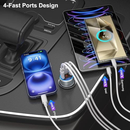 Car Charger USB C, 65W Multi Port Dual 12V Cigarette Lighter USB Car Charger Adapter with Voltage Display PD/QC 3.0 Super Fast Charge Car Phone Charger for iPhone 17 16 15 14 13 12 Pro Max Plus(Gray) — view 2