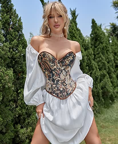 Alivila.Y Fashion Womens Vintage Floral Denim Overbust Corset Bustier Top, Black Short Torso, Medium