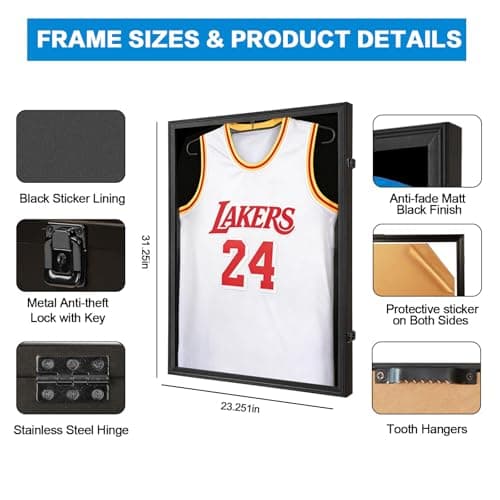 Hactyn Jersey Frame Display Case 2 Pack for Wall ,Large Lockable T-Shirt Shadow Box with Clear UV Protection Acrylic & Hangers for Football Basketball Baseball Soccer Hockey, Matte Black