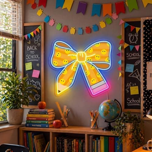 Woanger Bow Pencil Neon Sign for Classroom Reading Corner Decor Back to School Reading Nooks Decorations Cute Aesthetic LED Classroom Wall Decor with Smile Face for Library Background — view 3