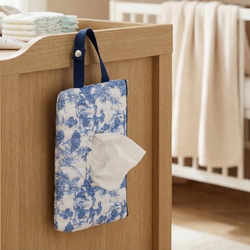 Quilted Baby Wipe Holder, Canvas Floral Quilted Pouch with Hanging Strap, Portable Diaper Wipe Holder for Travel Stroller-Grand Classical Blue — view 2