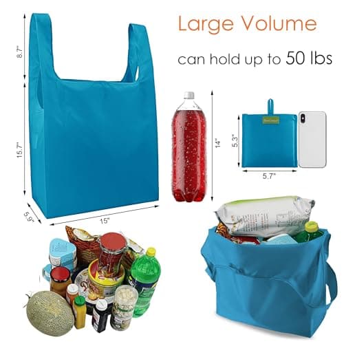BeeGreen Light Blue Reusable Grocery Bags with Zipper Storage Pouch 10 Packs Blue Reusable Shopping Bags Bulk with Elastic Band Foldable-Machine Washable