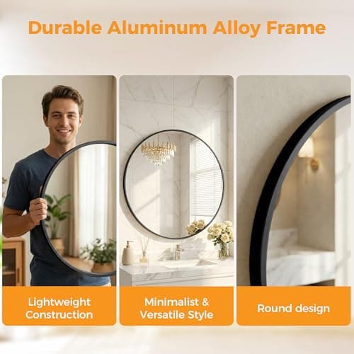 Sweetcrispy Round Bathroom Mirror for Over Sink, 20 Inch Wall Mounted Vanity Mirror with Matte Metal Frame, Decor for Bathroom, Entryway, Bedroom, Black — view 5