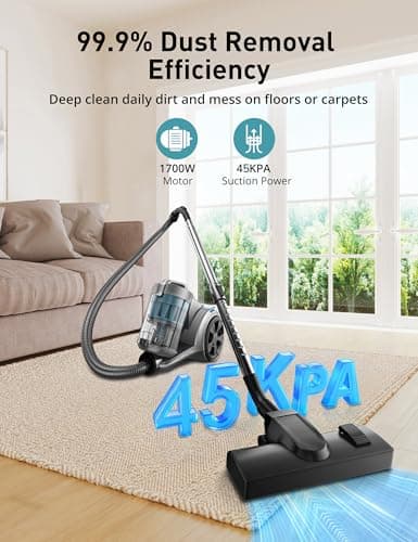 Aspiron 1700W Canister Vacuum Cleaner, 45Kpa Bagless Vacuum Cleaner