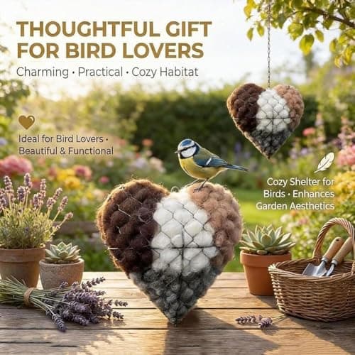 Alpaca Wool for Birds, Handmade Heart-Shaped Plucked Heart Alpaca Wool Dispenser for Birds, Provides Shelter Nesting Material for Birds, Refillable Birdhouse Nesting Box (1PCS)