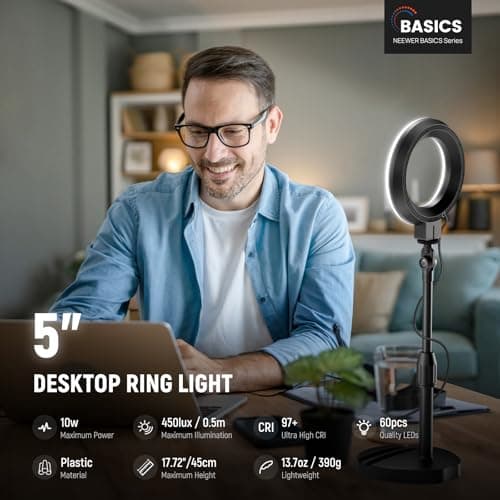 NEEWER Basics 5"/13cm Desk Ring Light with Stand, Phone Holder Base, 10W LED Selfie Light Compatible with iPhone for Video Recording Laptop Webcam Zoom Video Conference Lighting Makeup, Black BR60