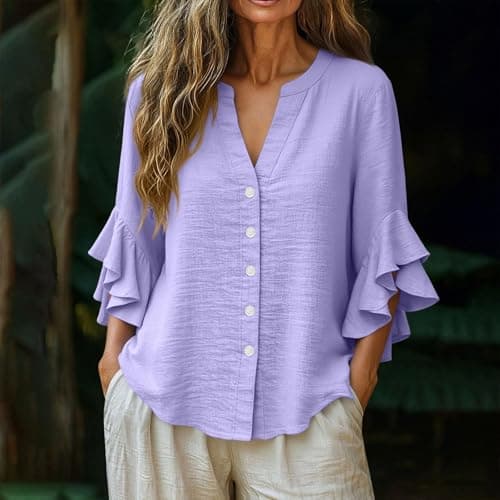 3/4 Ruffle Sleeve Cotton Linen Shirts for Women Dressy V Neck Beach Tunic Tops Elegant Summer Casual Work Blouses Purple
