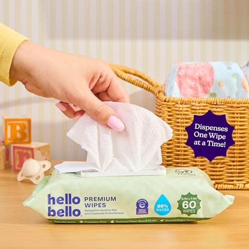 Hello Bello Premium Wipes, Designed for Sensitive Skin with Chamomile & Aloe Extracts, Simply Sage (12 Resealable Packets = 720 Total Wipes) — view 4
