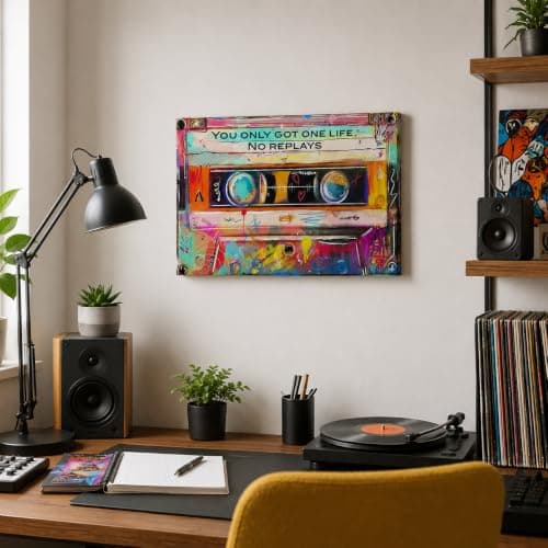 Retro Cassette Tape Canvas Wall Art, You Only Got One Life No Replays Graffiti Wall Decor, Vintage 80s 90s Music Framed Artwork for Living Room Bedroom Home Decoration 12x16 Inch