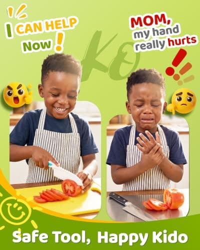 Yeeammk Kids Knife Set for Real Cooking, 5 Pcs Kid Safe Plastic Kitchen Knife Set with 3 Knives and 2 Cutting Boards, Montessori Cooking Set for Kids — view 5