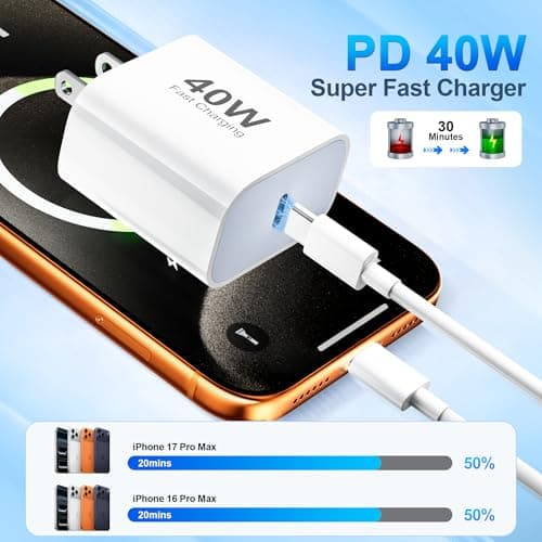 USB C Fast Charger for iPhone 17 16 15 Pro Max Charger Fast Charging,2Pack 40W USB C Wall Charger Block with 4FT + 6FT Type C Cable Cord for iPhone 17/17 Pro/17 Pro Max/Air/16/16 Pro Max/15/15 Plus