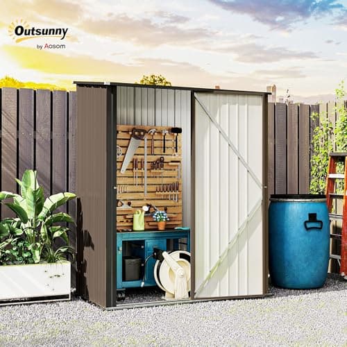 Outsunny 5' x 3' Outdoor Storage Shed, Steel Garden Shed with Single Lockable Door and Gloves, Tool Storage House for Backyard, Patio, Lawn, Brown