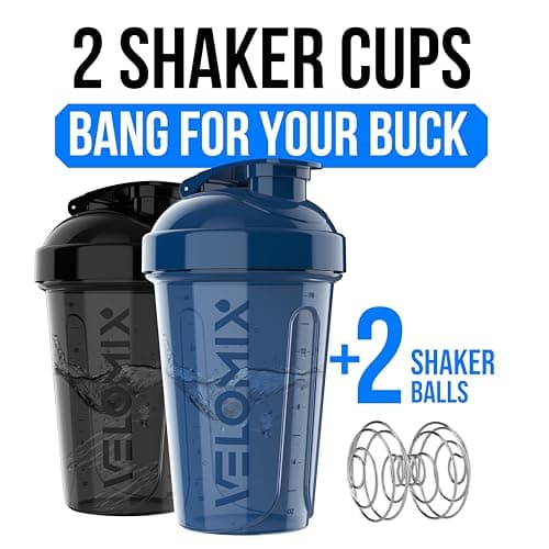 VELOMIX -2 Pack- 20 oz Protein Shaker Bottles for Protein Mixes - 2x Wire Whisk | Leak Proof Shaker Cups for Protein Shakes and Pre Workout | Protein Shaker Bottle Pack (B5) Blue/Black